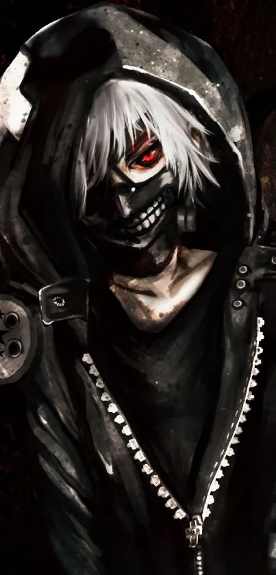 Anime art of a masked character with striking red eyes.