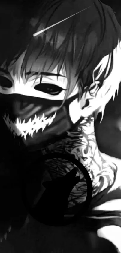 Dark, masked anime character with tattoo and wolf silhouette.