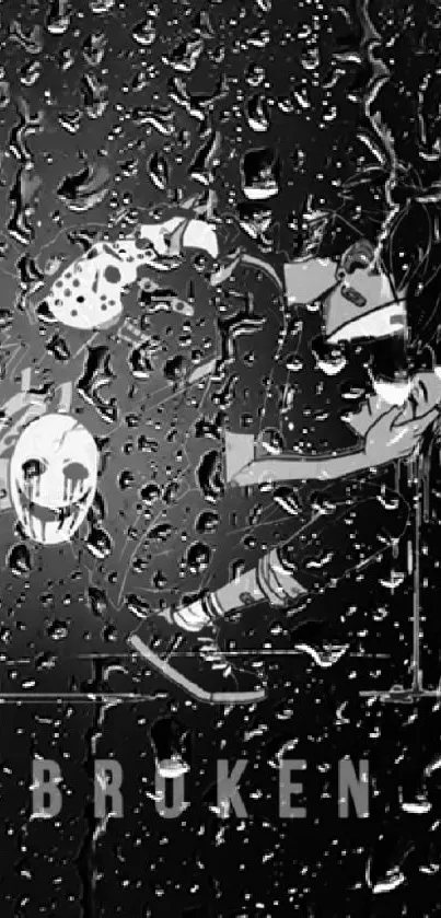 Dark anime wallpaper with mysterious character and masks.