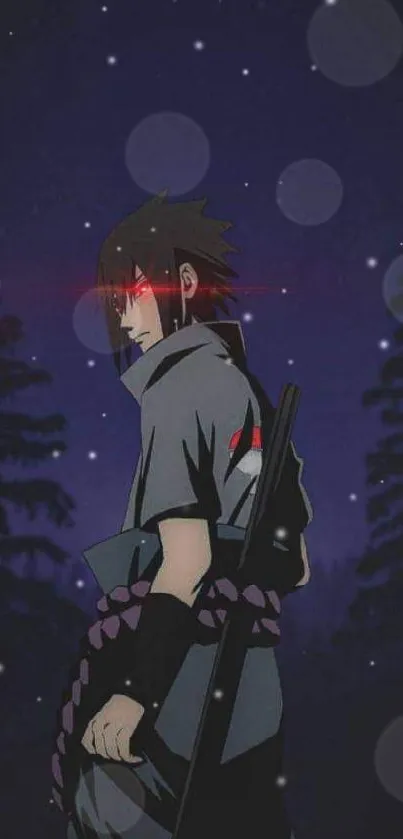 Dark anime character in a night forest scene on mobile wallpaper.