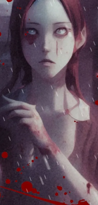 Dark anime character in rain with red accents on a mysterious wallpaper.