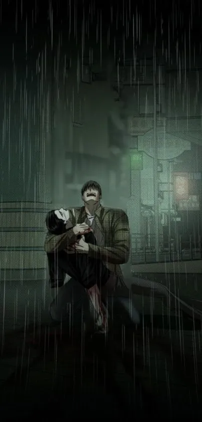 Anime scene with dramatic rain, characters in an emotional setting.