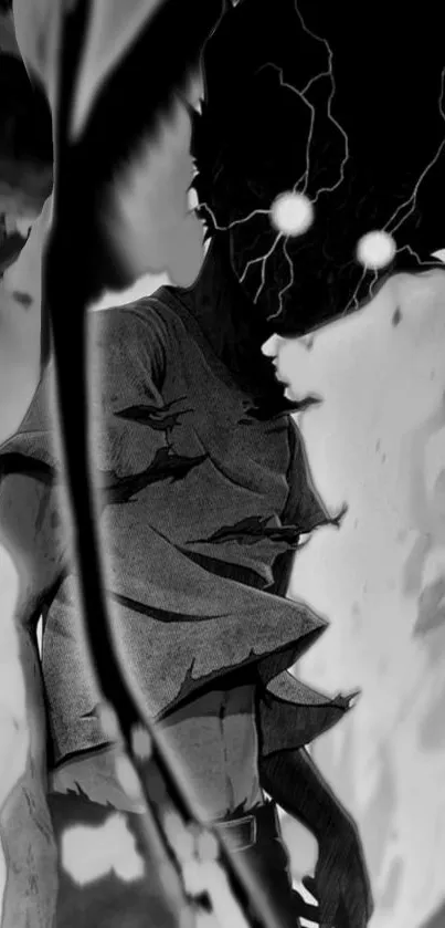 Dark abstract anime character with glowing eyes in a grayscale setting.