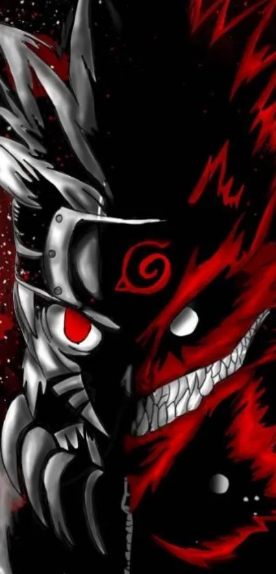 Anime wallpaper with dark and red split face design.