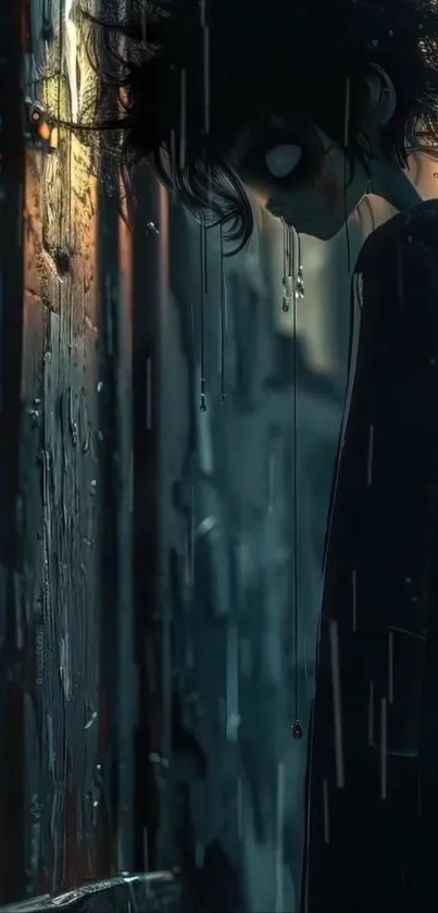 Dark anime character standing in a rainy street scene.