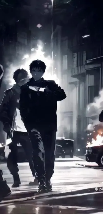 Dark anime street scene with figures and dramatic lighting.