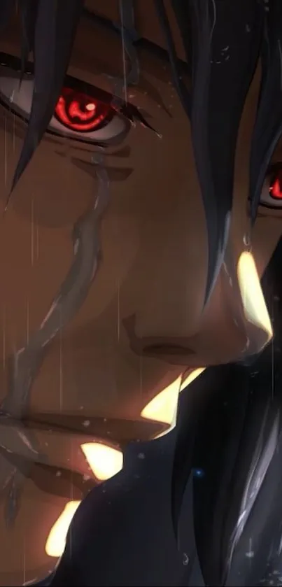 Close-up of a tearful anime character with red eyes in a dark setting.