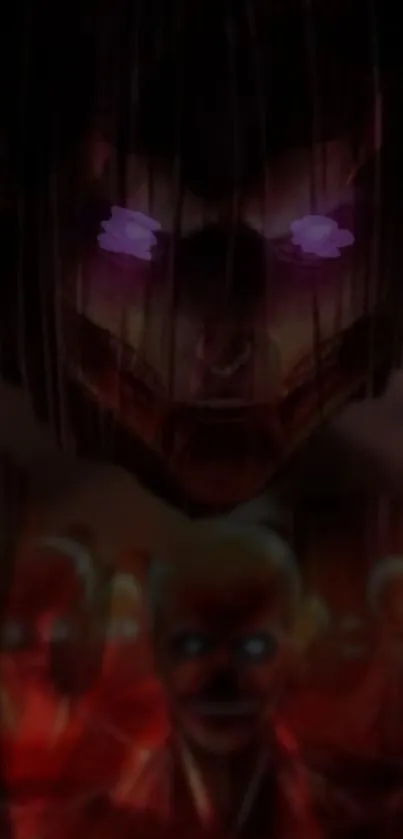 Dark anime scene with looming titan, vibrant colors.