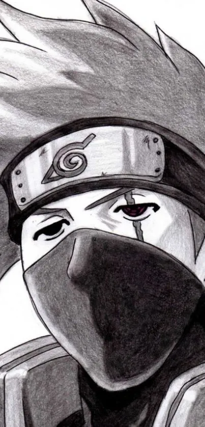 Black and white anime warrior character with mask and headband.