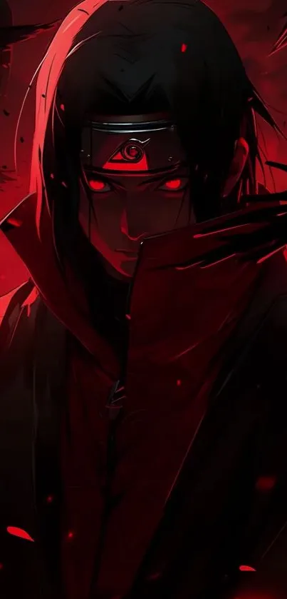 Dark anime warrior with red cloak in mysterious ambiance.