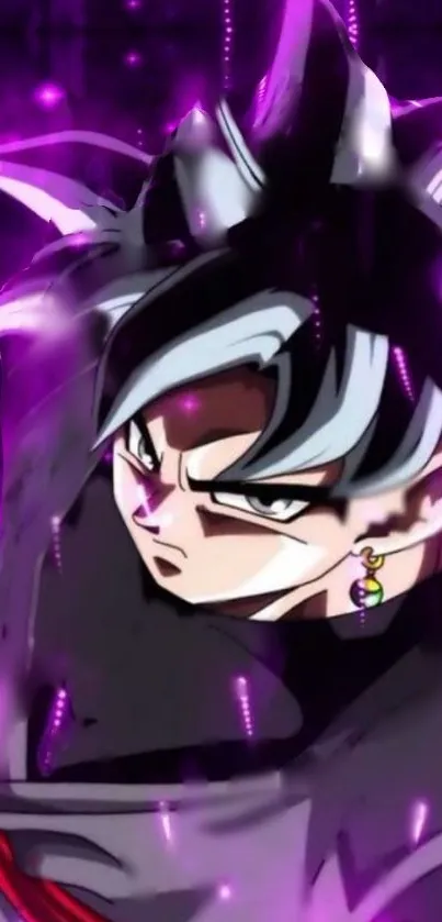 Dark anime warrior with purple aura, black cloak, and intense gaze.