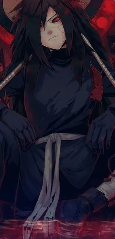 Dark anime warrior sits with intense red backdrop, perfect for mobile wallpaper.