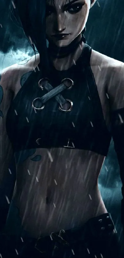 Dark anime warrior standing in rain, intense gaze.