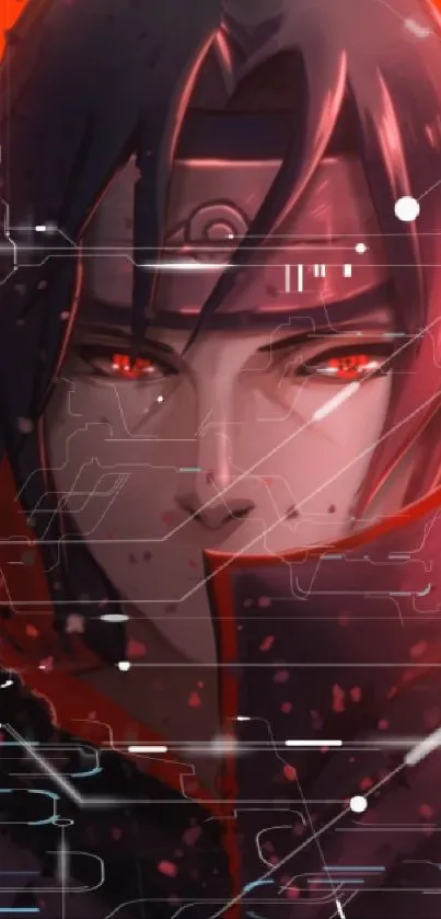 Anime wallpaper of a dark warrior with glowing red eyes.