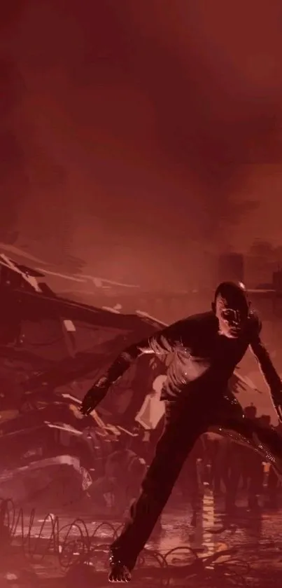 Dark apocalyptic scene featuring a mysterious figure against a chaotic red backdrop.