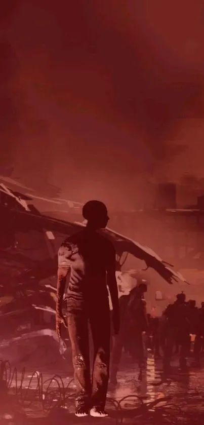 Silhouetted figure in a dark red apocalyptic cityscape.