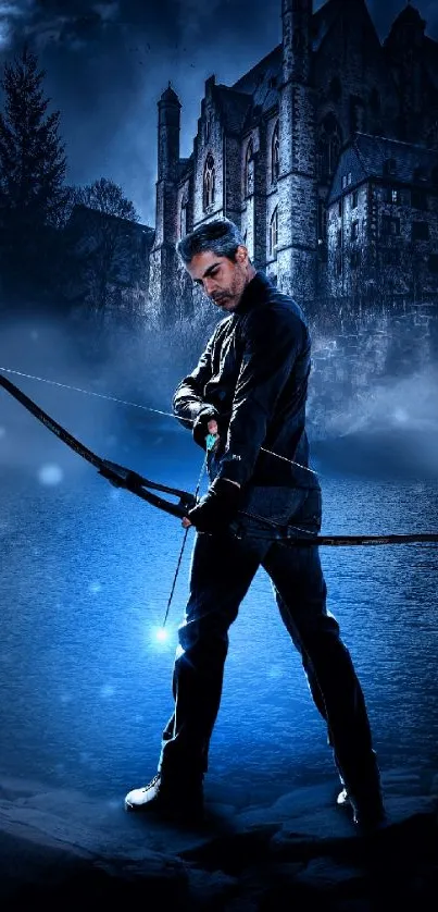 Dark archer standing under moonlight near medieval castle.