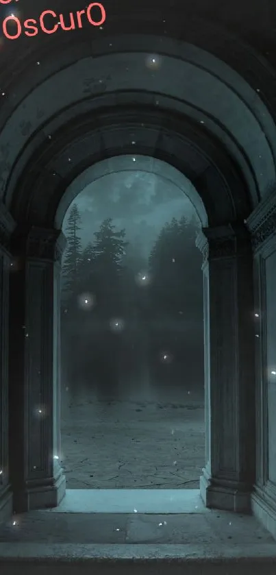 Mysterious dark archway leading to misty forest in mobile wallpaper.