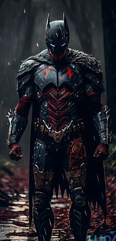 Dark armored figure stands in rainy forest.