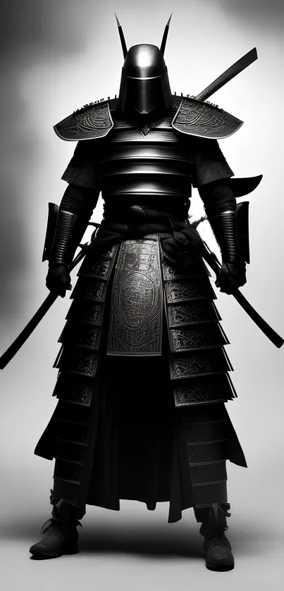 Dark-armored samurai warrior standing with swords drawn, exuding mystery and power.