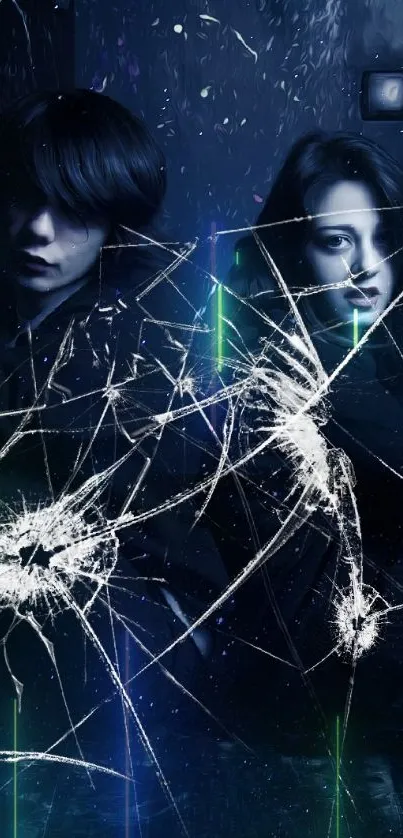 Dark blue aesthetic wallpaper with two figures, cosmic theme.