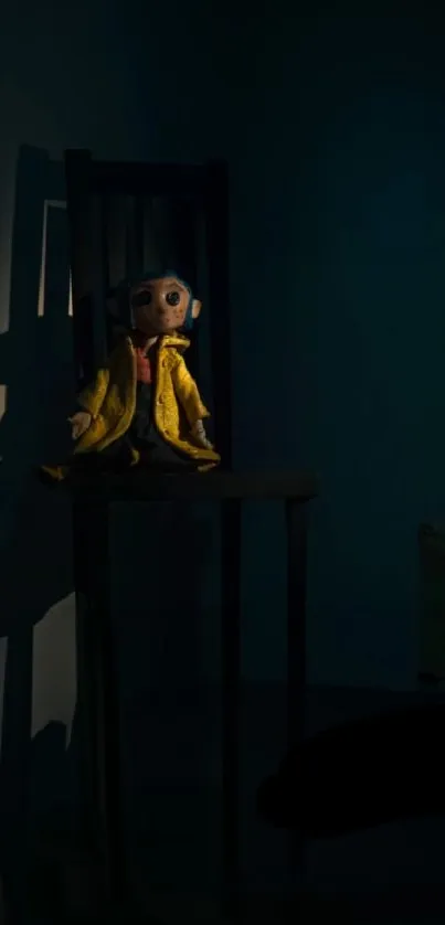 Creepy doll on a chair in a dark room. Moody and atmospheric mobile wallpaper.