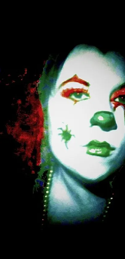 Clown face with colorful makeup on a black background, artistic wallpaper design.