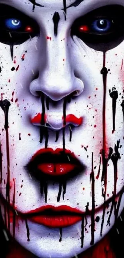 Artistic face with red and black accents, creating a haunting visual impact.