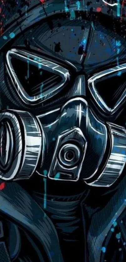 Dark artistic gas mask with red and blue abstract splashes.