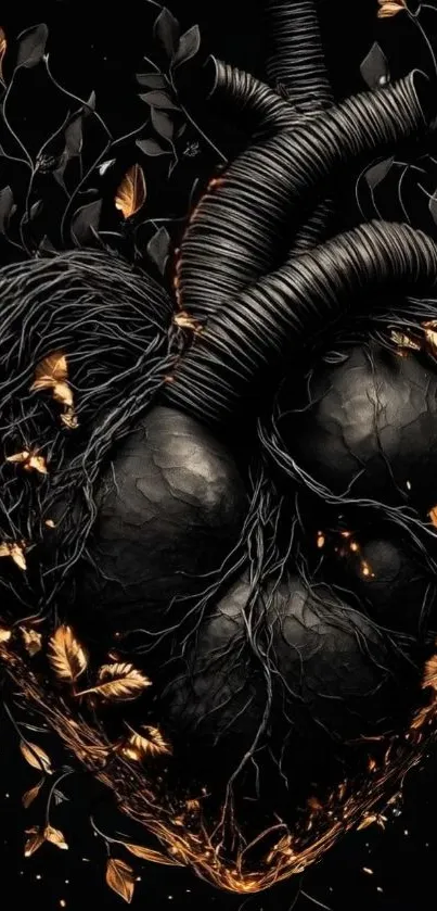 Dark heart with black textures and golden leaves.