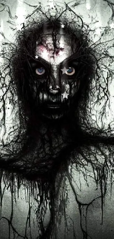 Haunting abstract figure on dark background with horror elements.