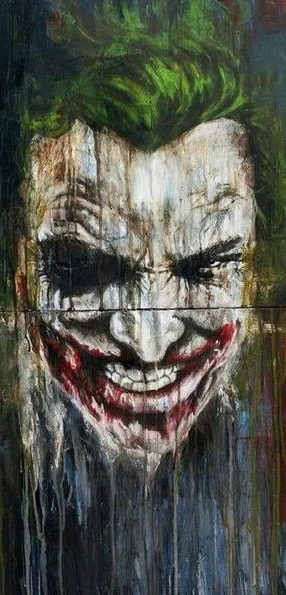 Dark artistic depiction of the Joker with green hair and sinister smile.