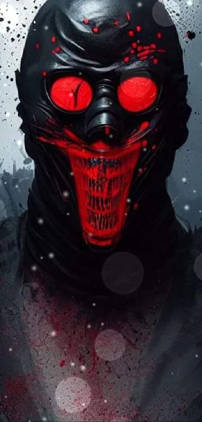 Dark masked figure with red accents and splatter art design.