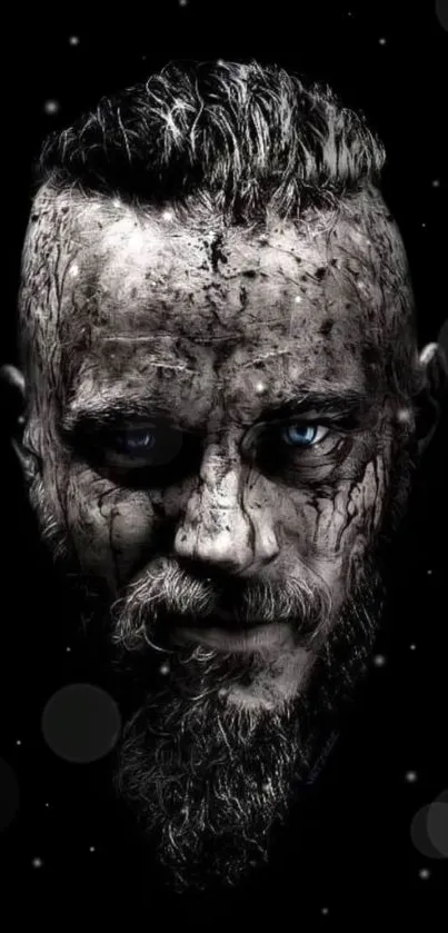 Dark artistic portrait wallpaper with intense blue eyes on a black background.