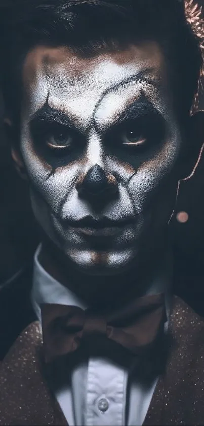 Artistic skull face paint portrait in dark tones.