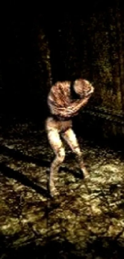 Dark wallpaper with eerie figure in shadowy setting.