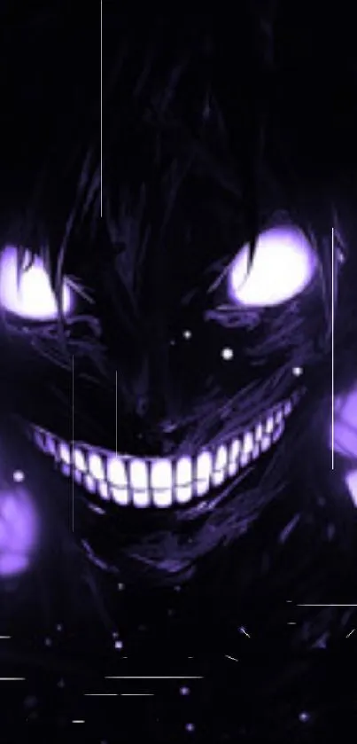 Dark character with glowing eyes and sinister smile on a purple-themed wallpaper.