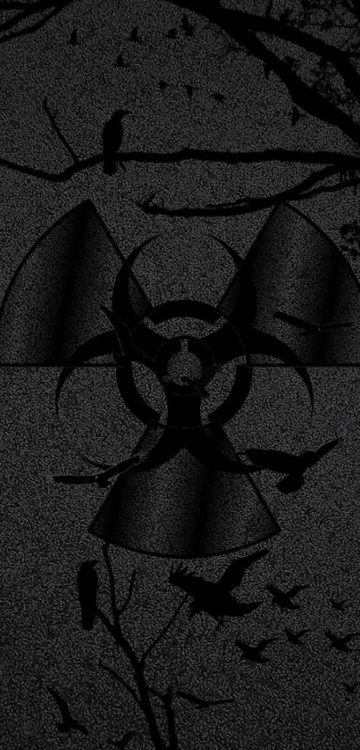 Dark wallpaper with biohazard symbol and bird silhouettes.