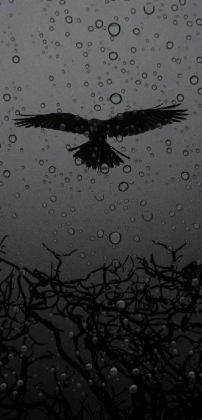 Dark bird silhouette against rainy background.