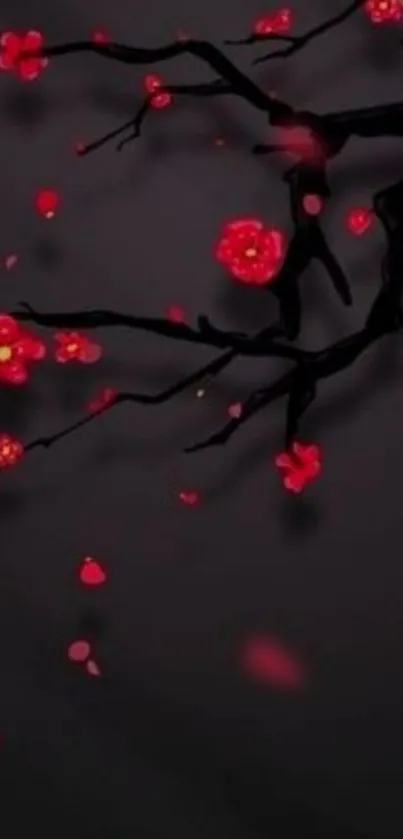 Dark wallpaper with branches and red blossoms.