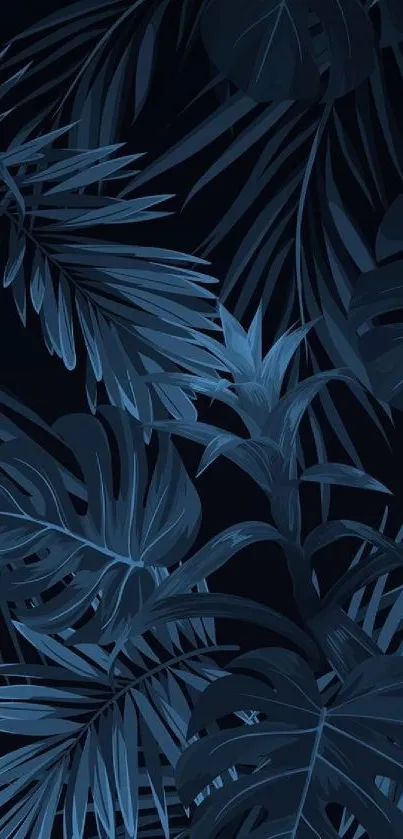 Dark blue leafy wallpaper with tropical design.