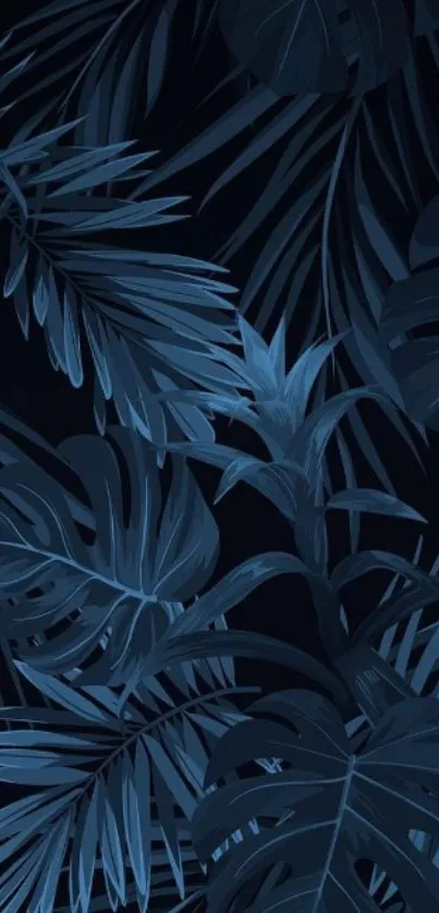 Dark blue tropical leaves wallpaper with elegant design.