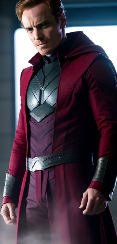 Hero in dark burgundy attire with a mysterious, cinematic background.