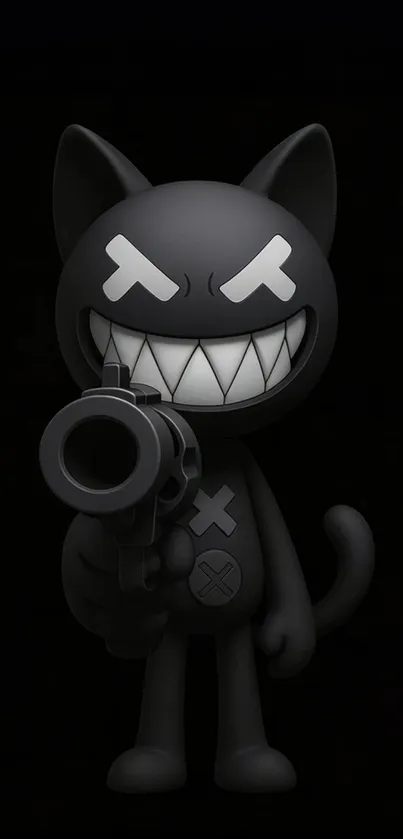 Dark cartoon cat with a toy gun on black background.