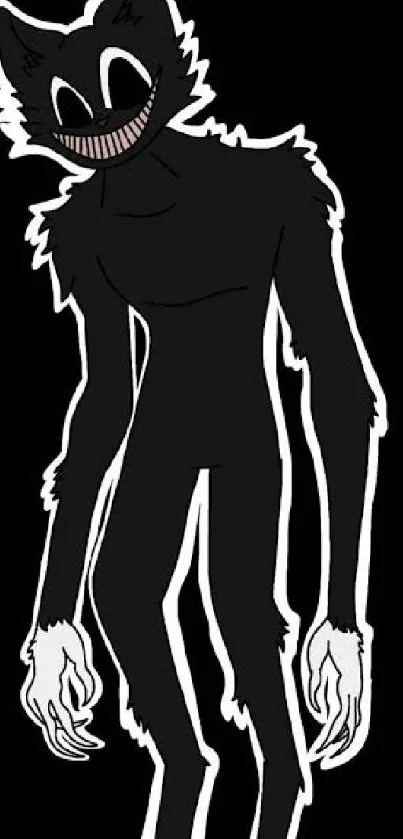 Dark cartoon character with a menacing smile and black silhouette on a mobile wallpaper.