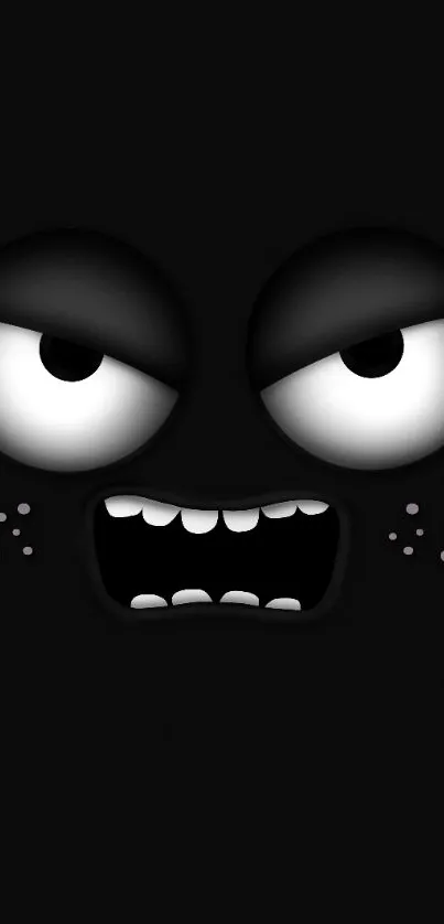 Dark cartoon face with expressive eyes on black background.