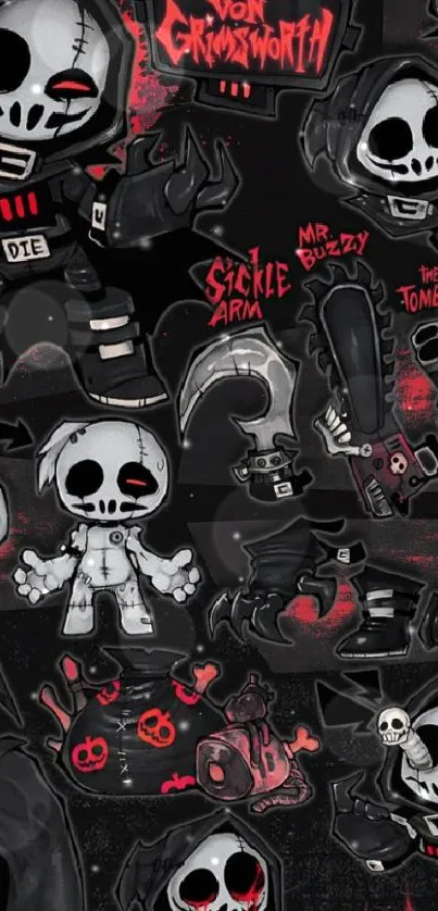 Dark cartoon wallpaper with spooky skulls.