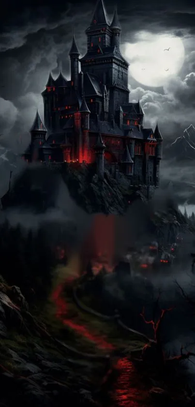 Dark gothic castle under a full moon amidst eerie surroundings.