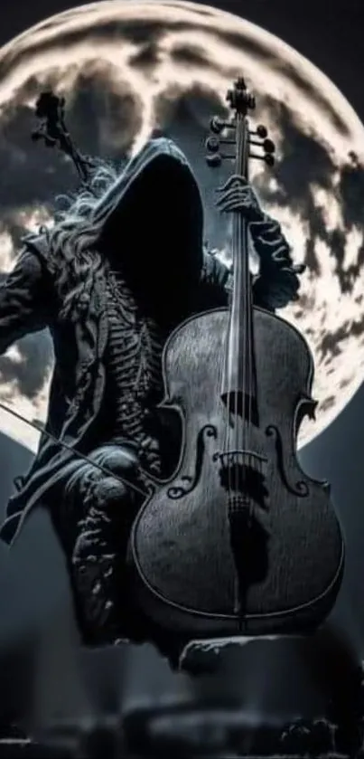 Cellist silhouette with cello under a full moon in artistic dark theme.