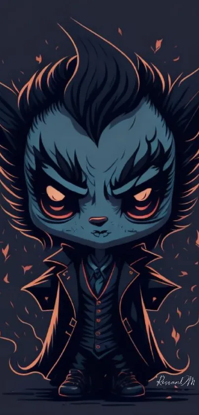 Chibi vampire cartoon art with dark colors and fiery accents.